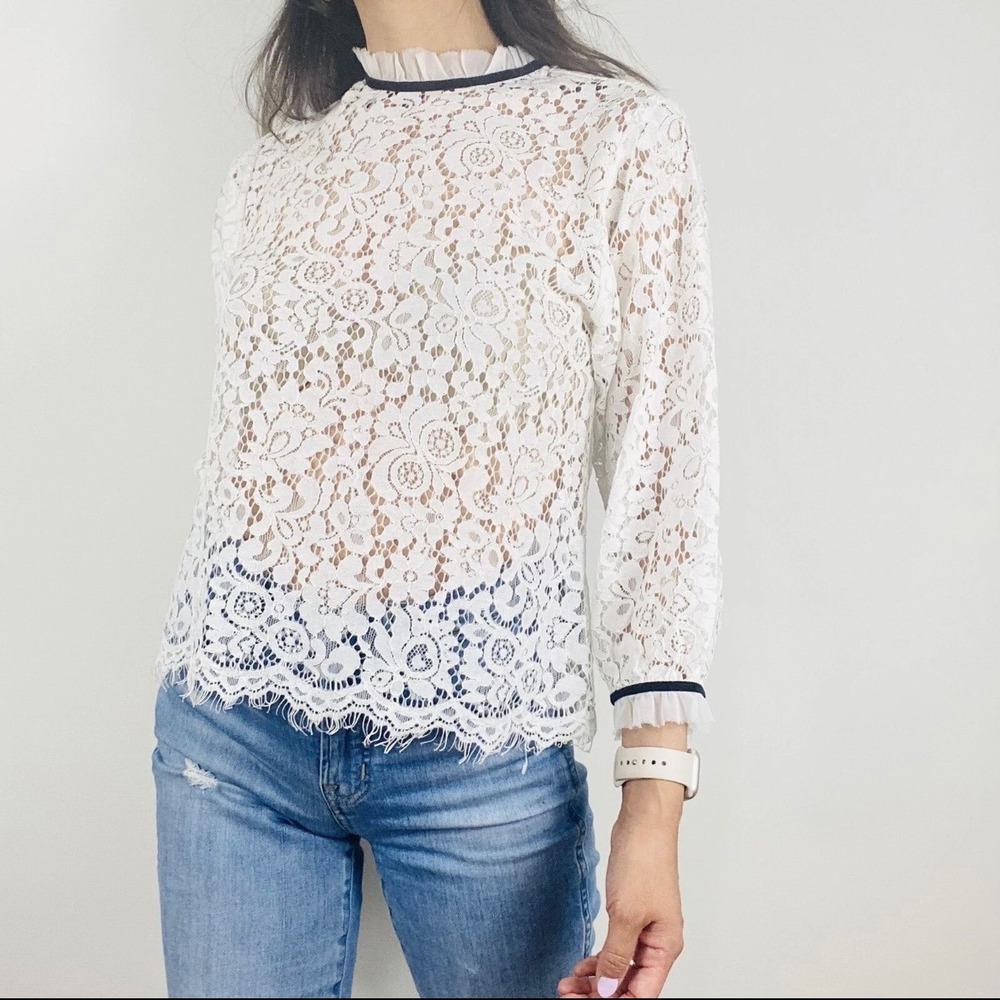 Velvet by Graham & Spencer Cream Floral Lace Ruffle Neck Blouse Ivory Medium